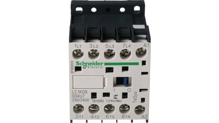 Contattore Schneider Electric LC1K09004U7, 4 poli, 20 A, montaggio su guida DIN, dimensioni 58 x 45 x 57 mm.