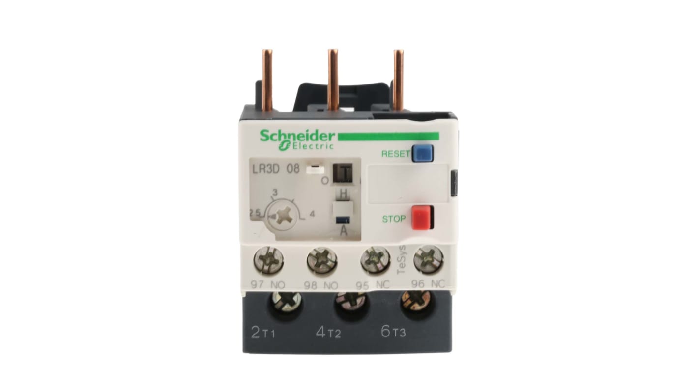Relè di sovraccarico termico Schneider Electric LR3D08, montaggio su guida DIN, corrente nominale 4 A, dimensioni 45x70 mm.
