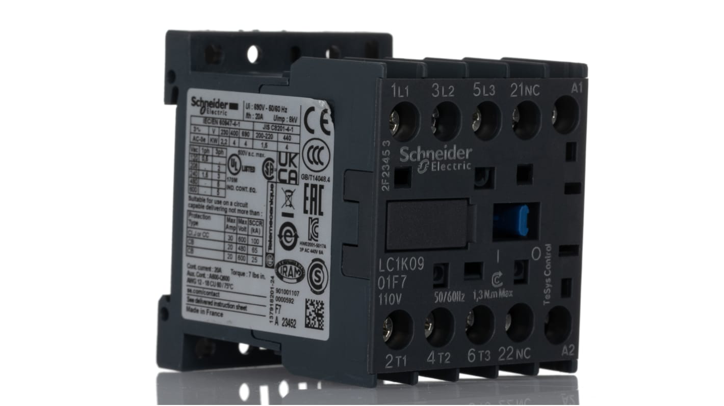 Contattore Schneider Electric LC1K0901F7, 3 poli 20A 4kW 110V CA - Montaggio su guida DIN per controllo motori industriali.