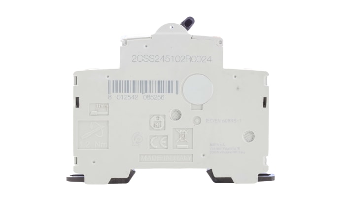 Interruttore magnetotermico ABB 470229, 1P+N, 2A, 230V, montaggio su guida DIN, dimensioni 18mm x 69mm x 85mm.