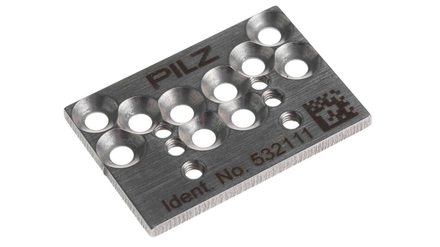 Staffa di montaggio Pilz 532111 per interruttore di sicurezza PSEN mag/cs, in acciaio inox, con piastra di montaggio e LED di stato.