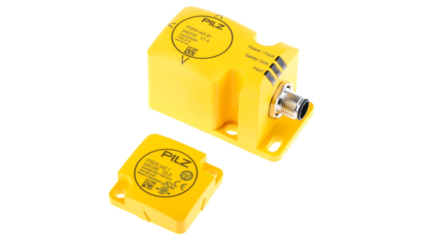 Interruttore di sicurezza M12 Pilz 540203, senza contatto, 24V cc, grado di protezione IP67, dimensioni 40x74x40 mm.