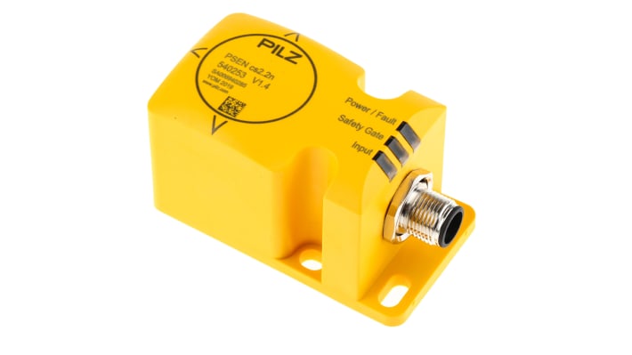 Interruttore di sicurezza M12 Pilz 540203, senza contatto, 24V cc, grado di protezione IP67, dimensioni 40x74x40 mm.