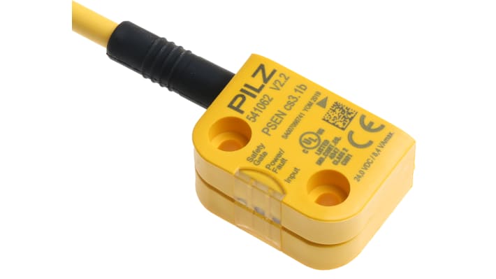 Interruttore di sicurezza senza contatto Pilz 541012, tecnologia transponder, 24V cc, protezione IP67, dimensioni 26.4mm x 18mm x 37mm.