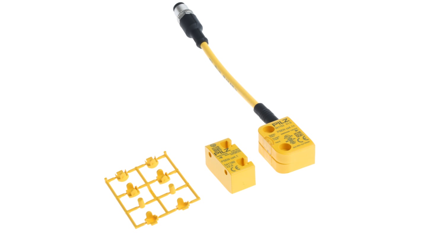 Interruttore di sicurezza M12 Pilz 541103, tecnologia transponder, doppio canale, grado di protezione IP67, dimensioni 26.4mm x 37mm x 18mm.