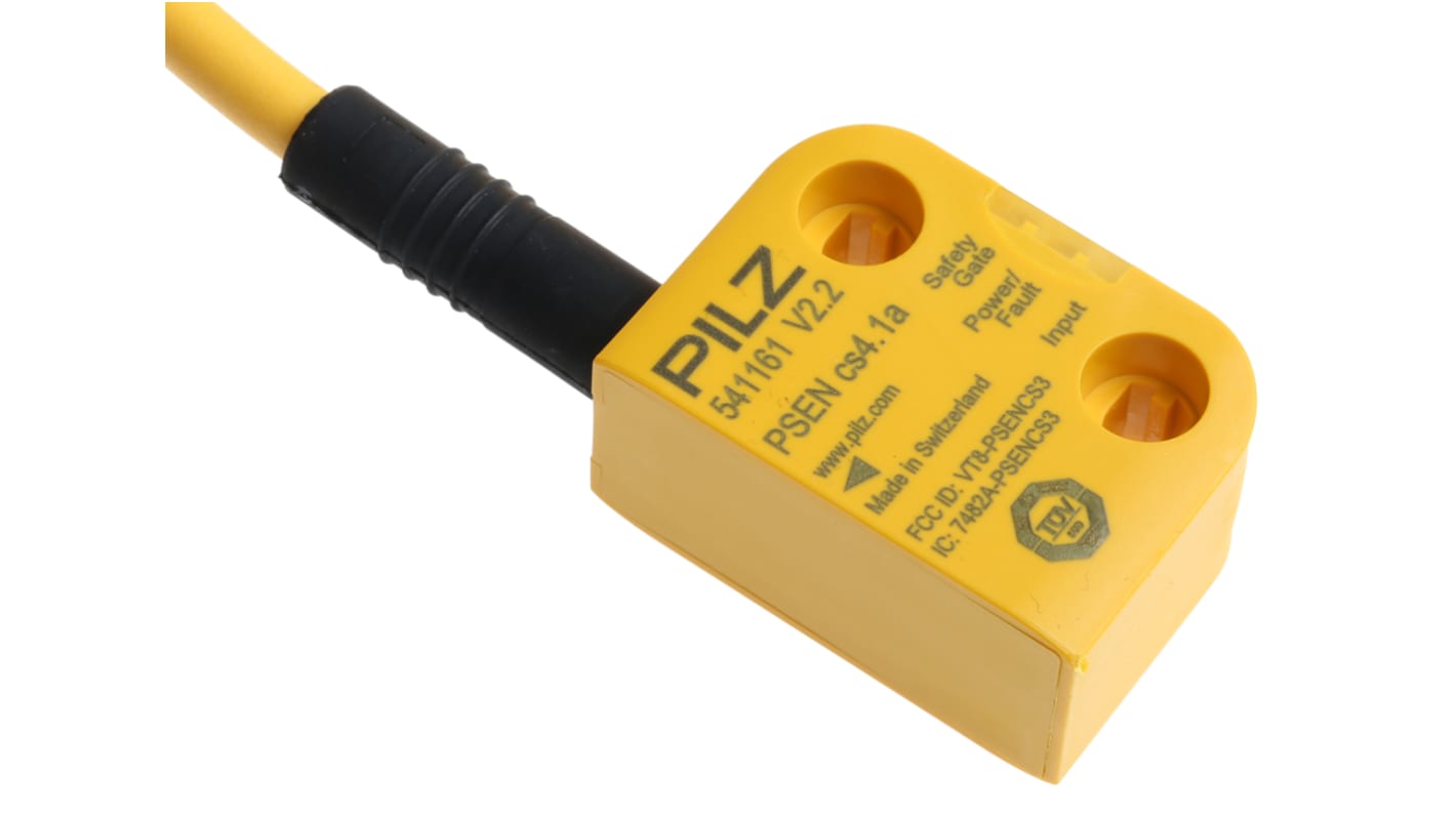 Interruttore di sicurezza senza contatto Pilz 541111, tecnologia transponder, 24V cc, protezione IP67, dimensioni 26.4mm x 37mm x 18mm.