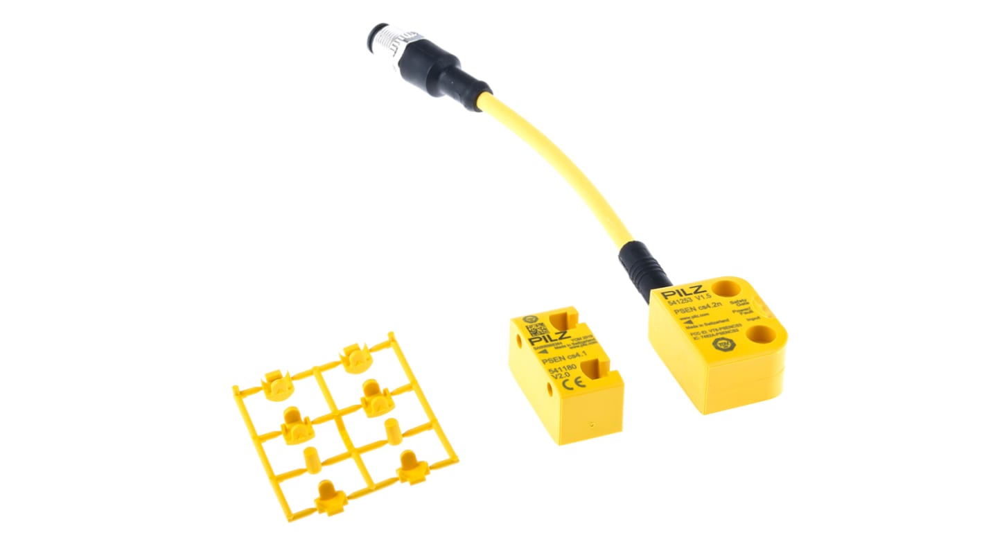 Interruttore di sicurezza senza contatto Pilz 541203, tecnologia transponder, 24V cc, custodia IP67, dimensioni 26.4mm x 18mm x 37mm.