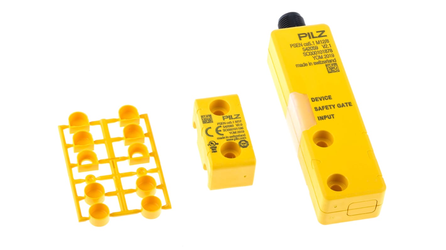 Pilz 542009, interruttore di sicurezza senza contatto M12, tensione 24V cc, doppio canale, protezione IP66/IP67, dimensioni 26.4mm x 101.6mm x 19mm.