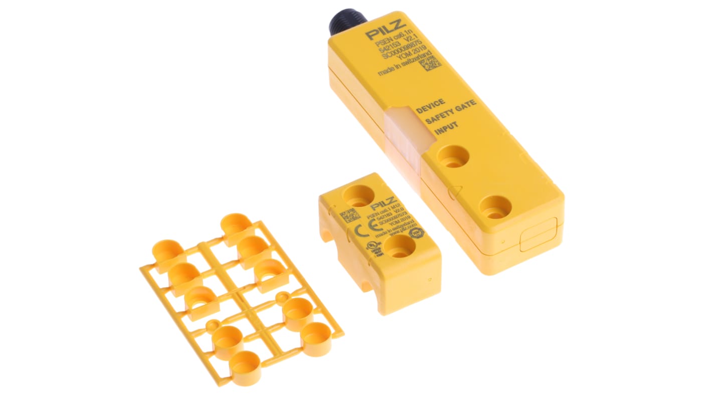 Interruttore di sicurezza M12 Pilz 542103, senza contatto, 24V cc, custodia in poliammide, protezione IP66/IP67, dimensioni 101.6x26.4x19 mm.