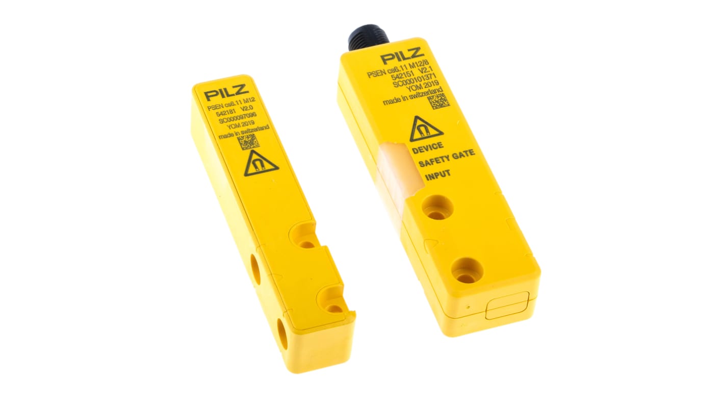 Interruttore di sicurezza senza contatto M12 Pilz 542111, tecnologia transponder, protezione IP66/IP67, dimensioni 26.4mm x 101.6mm x 19mm.