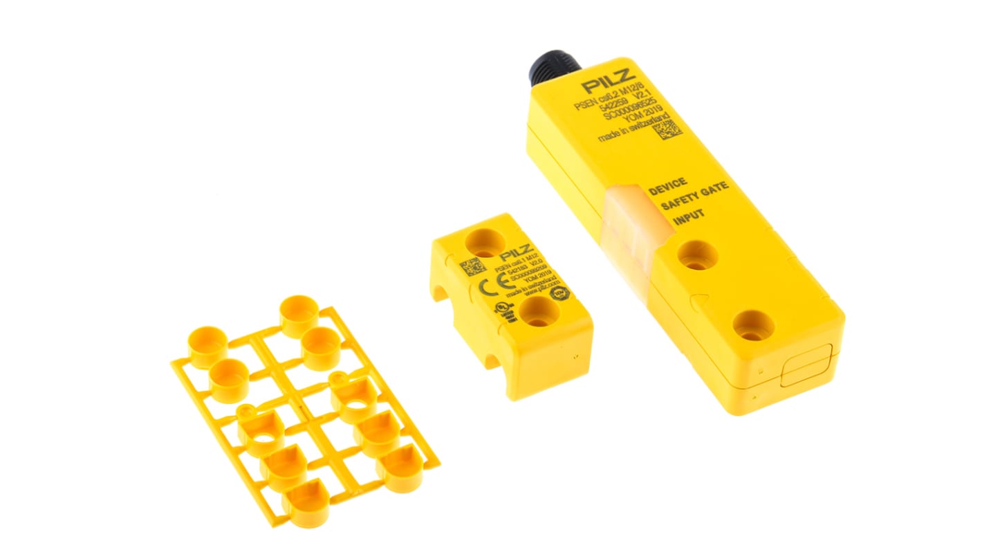 Interruttore di sicurezza M12 Pilz 542209, senza contatto, 24V cc, protezione IP66/IP67, dimensioni 101.6mm x 26.4mm x 19mm.