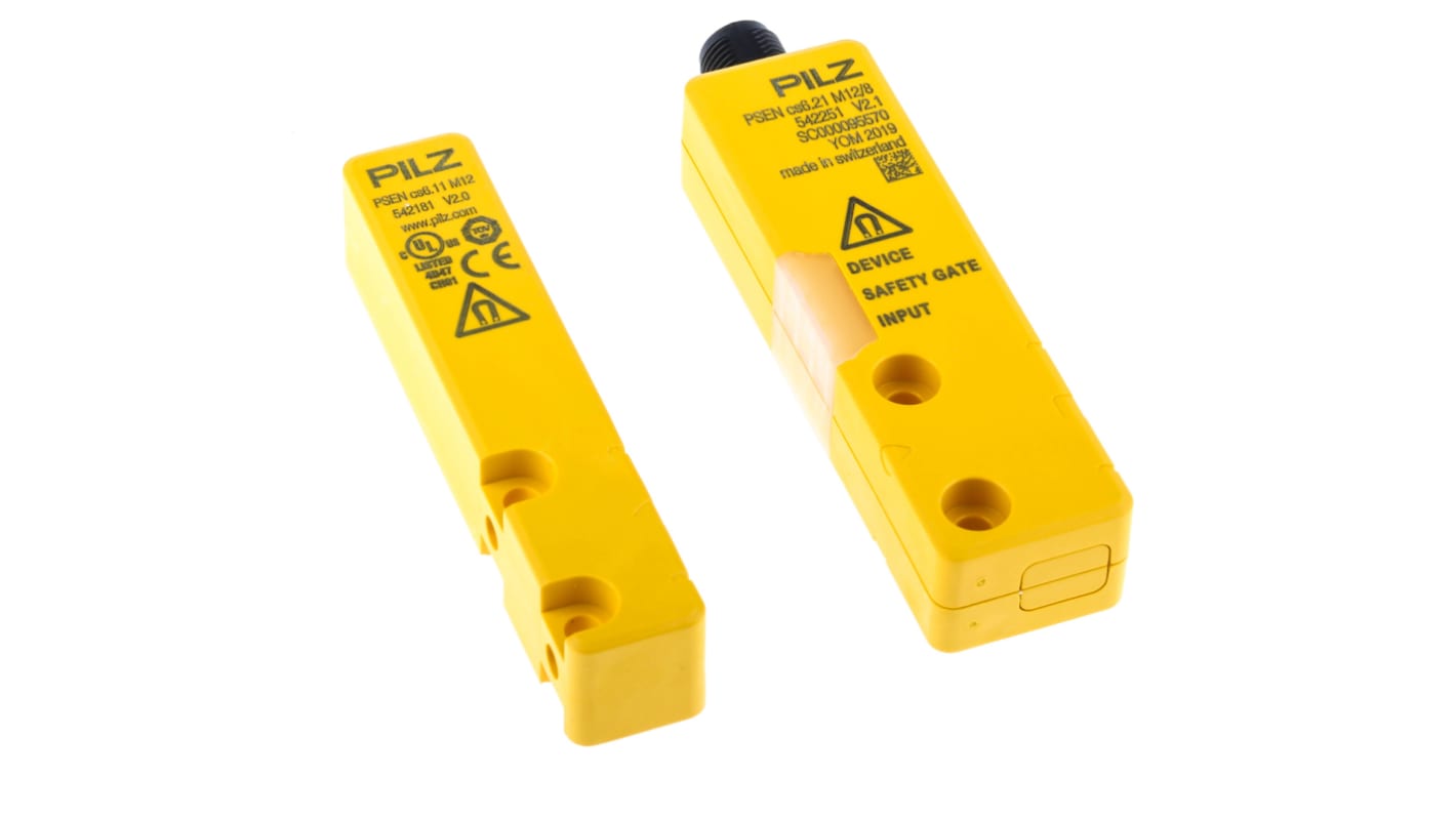 Interruttore di sicurezza M12 Pilz 542211, senza contatto, 24V cc, doppio canale, protezione IP66/IP67, dimensioni 101.6mm x 26.4mm x 19mm.