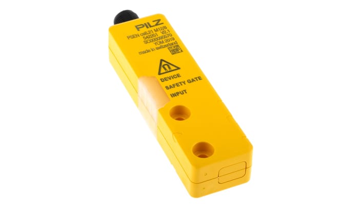 Interruttore di sicurezza M12 Pilz 542211, senza contatto, 24V cc, doppio canale, protezione IP66/IP67, dimensioni 101.6mm x 26.4mm x 19mm.