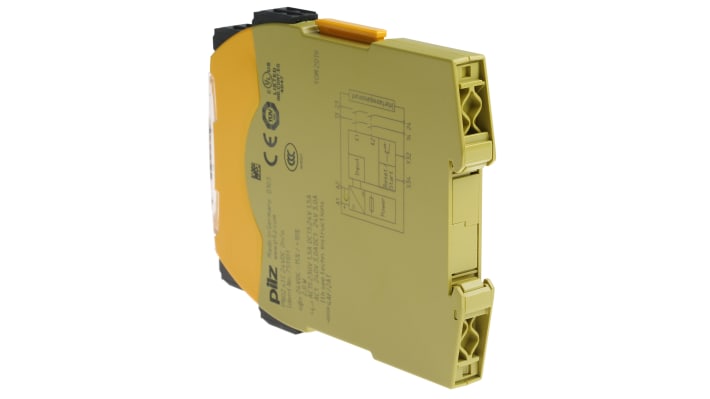 Pilz 751101, relè di sicurezza a 2 canali con 2 contatti, alimentazione 24V cc, dimensioni 12.5x120x98mm, alloggiamento in lega di alluminio.