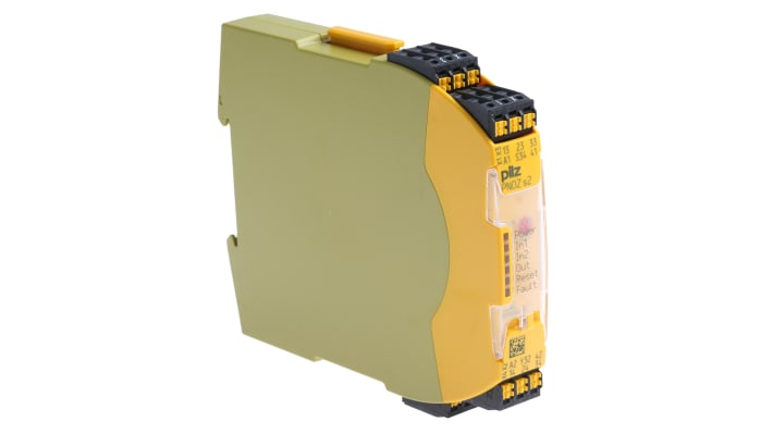 Relè di sicurezza Pilz 751102, 2 canali, 3 contatti, 24V cc, dimensioni 17.5mm x 120mm x 98mm, reset automatico e manuale.