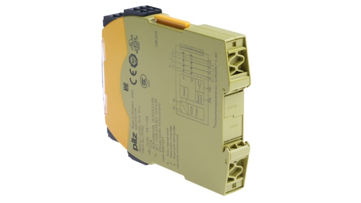 Relè di sicurezza Pilz 751102, 2 canali, 3 contatti, 24V cc, dimensioni 17.5mm x 120mm x 98mm, reset automatico e manuale.
