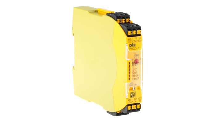 Relè di sicurezza Pilz 751103, 2 canali, 2 contatti, 24V cc, monitoraggio automatico, dimensioni 120mm x 98mm x 17.5mm.