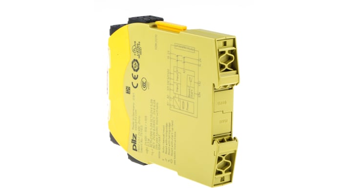 Relè di sicurezza Pilz 751103, 2 canali, 2 contatti, 24V cc, monitoraggio automatico, dimensioni 120mm x 98mm x 17.5mm.