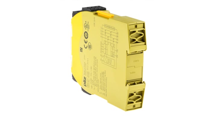 Relè di sicurezza Pilz 751105, 2 canali, 24V cc, 2 contatti, monitoraggio automatico, dimensioni 22.5mm x 120mm x 98mm.