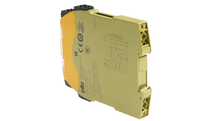 Relè di sicurezza Pilz 751108, 24V cc, 2 canali, 2 contatti, monitoraggio automatico, dimensioni 120mm x 12.5mm x 98mm.