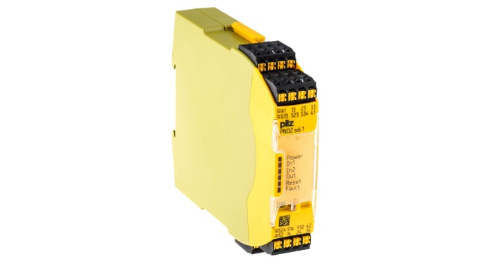 Relè di sicurezza Pilz 751126, 2 canali, 3 contatti, alimentazione 24V cc, dimensioni 22.5mm x 120mm x 98mm.