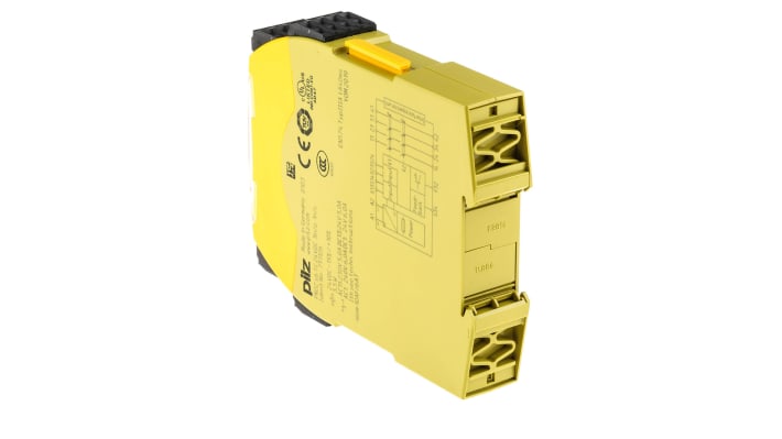 Relè di sicurezza Pilz 751126, 2 canali, 3 contatti, alimentazione 24V cc, dimensioni 22.5mm x 120mm x 98mm.