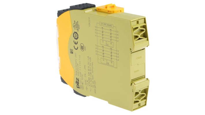 Relè di sicurezza Pilz 751132, 2 canali, 3 contatti, 24V cc, dimensioni 22.5mm x 120mm x 98mm, monitoraggio automatico.