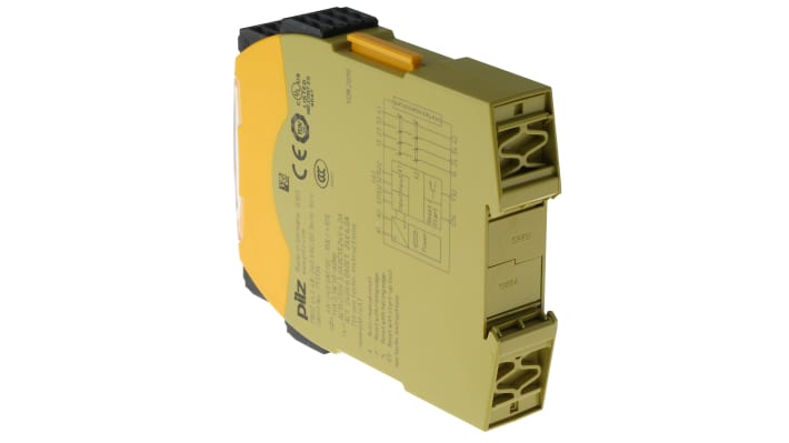 Pilz 751134, relè di sicurezza a 2 canali con 3 contatti, tensione 48-240V, dimensioni 120x22.5x98mm, reset automatico e manuale.
