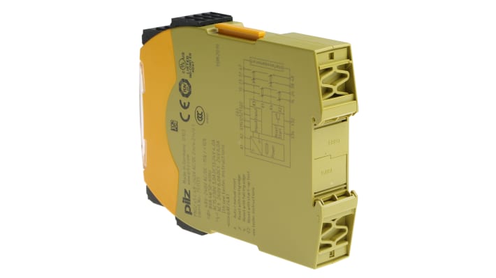 Relè di sicurezza Pilz 751135, 2 canali, 48-240V, contatti di sicurezza, dimensioni 120x22.5x98mm, reset automatico e manuale.