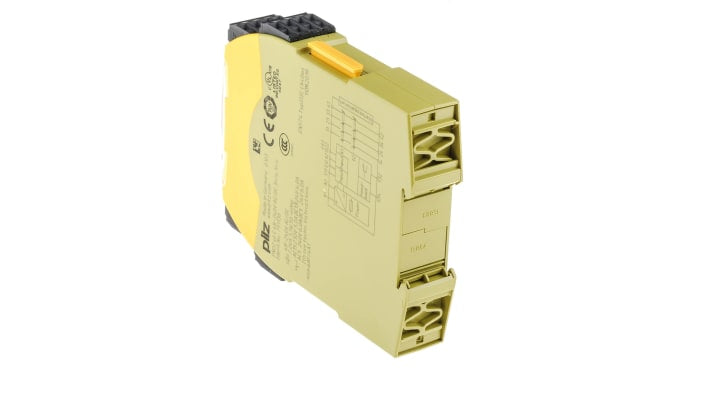 Relè di sicurezza Pilz 751136, 2 canali, 3 contatti, tensione 48-240V, dimensioni 22.5mm x 120mm x 98mm.