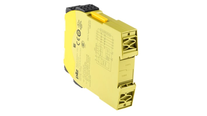 Relè di sicurezza Pilz 751156, 2 canali, 3 contatti di sicurezza, tensione 48-240V, dimensioni 22.5mm x 120mm x 98mm.