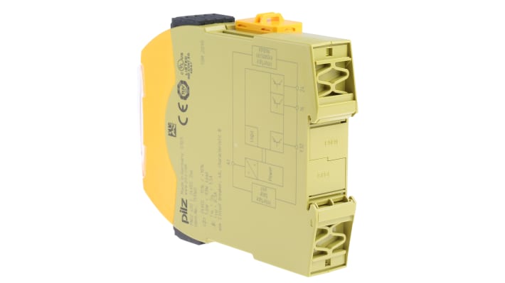 Pilz, relè di sicurezza a 2 canali PNOZ s20, 24V cc, monitoraggio automatico, dimensioni 22.5mm x 120mm x 98mm.