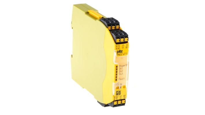 Relè di sicurezza Pilz 751167, 2 canali, 3 contatti, 24V cc, larghezza 17.5mm, profondità 120mm, lunghezza 98mm.