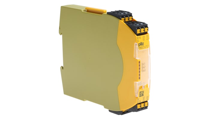 Relè di sicurezza Pilz 751177, 24V cc, 2 canali, 4 contatti, monitoraggio automatico, dimensioni 120mm x 17.5mm x 98mm.