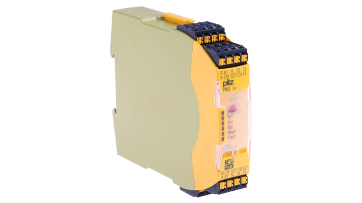 Relè di sicurezza Pilz 751184, 2 canali, 3 contatti, 24V cc, dimensioni 120mm x 22.5mm x 98mm, monitoraggio automatico.