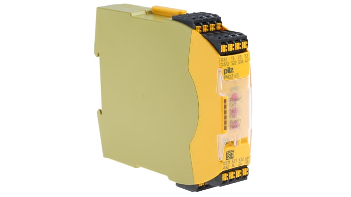 Relè di sicurezza Pilz 751185, 24V cc, 2 canali, 2 contatti, monitoraggio automatico, dimensioni 120x22.5x98 mm.