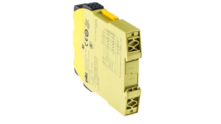 Relè di sicurezza Pilz 751187, 24V cc, 2 canali, 4 contatti, monitoraggio automatico, dimensioni 120mm x 17.5mm x 98mm.