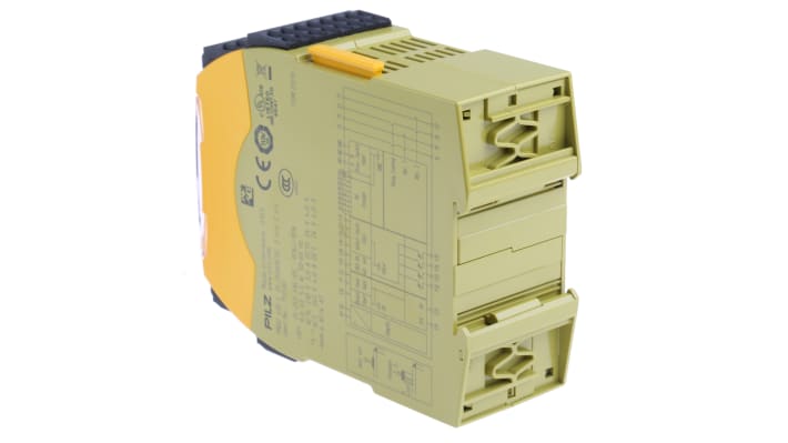 Relè di sicurezza Pilz 751330, 24-240V, 2 contatti di sicurezza, dimensioni 120x45x98mm, reset automatico e manuale.