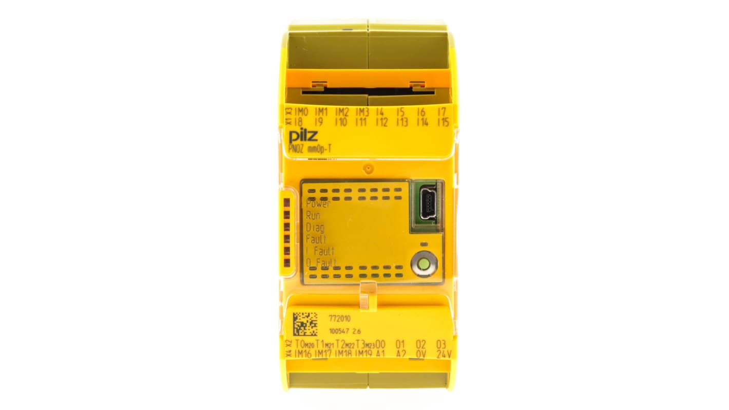Pilz 772010, controller di sicurezza PNOZ mm0p-T, 24 I/O, dimensioni 98 x 45 x 120 mm, grado di protezione IP20/IP54.