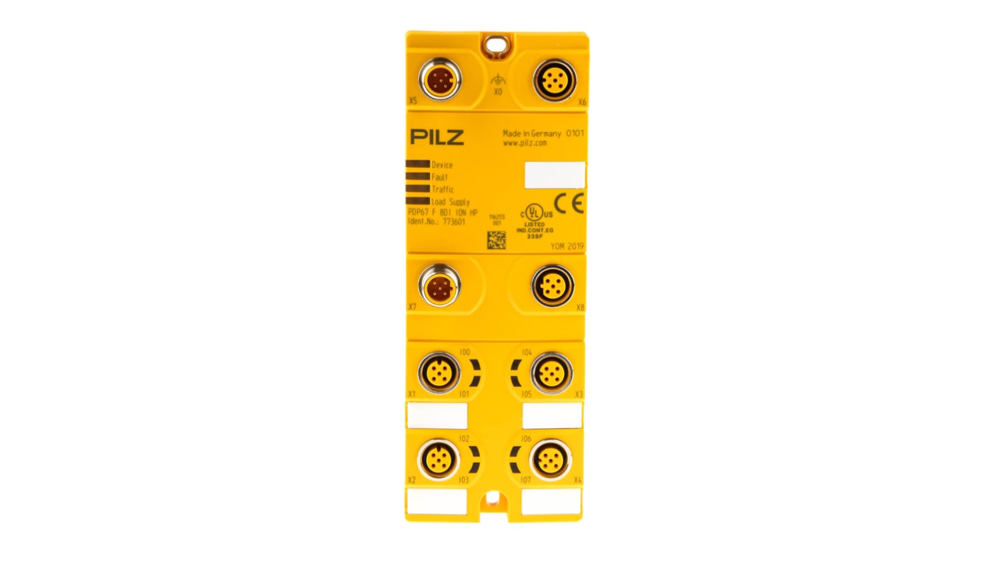 Controller di sicurezza Pilz 773601 PDP67 F, 8 ingressi/uscite, IP67, 24 V c.c., dimensioni 60 x 29,6 x 162 mm.