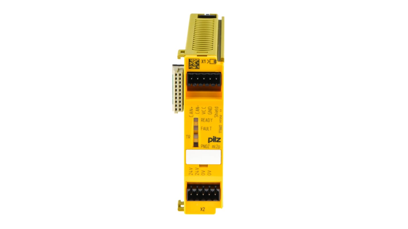 Controller di sicurezza Pilz 773602 PNOZ ml2p, 24 V c.c., IP20/IP54, dimensioni 94 x 22,5 x 121 mm, espansione disponibile.