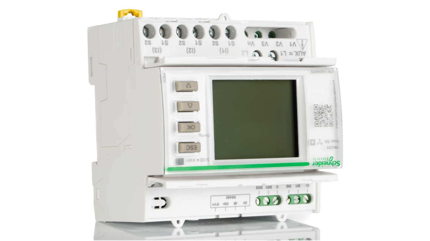 Misuratore di energia Schneider Electric METSEPM3255 3 fasi con display LCD retroilluminato. Monitoraggio preciso per applicazioni domestiche e industriali.