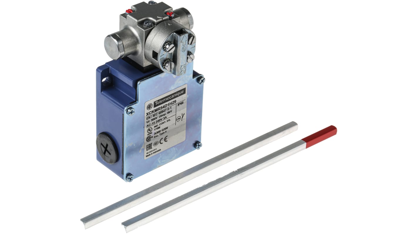 Interruttore di fine corsa Telemecanique Sensors XCKMR54D1H29 con leva, 2NC, IP66, dimensioni 200x59x118mm, corrente max 10A.