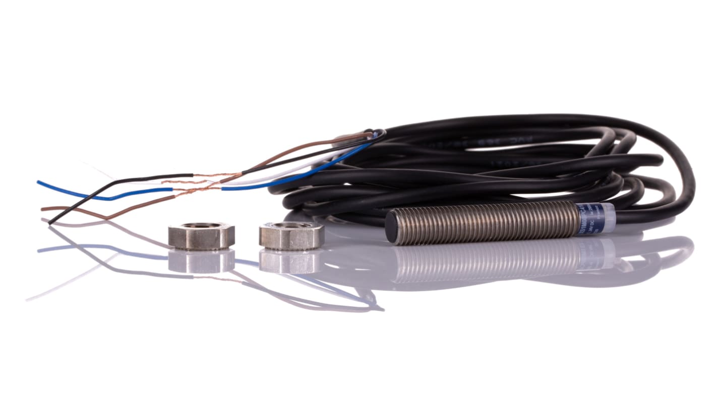 Sensore di prossimità cilindrico PNP Telemecanique Sensors XS1M08PC410, induttivo, IP67, 1,5 mm di rilevamento, montaggio a filo.