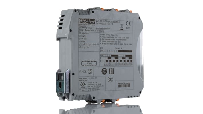 Starter motore Phoenix Contact 2903910, 3 fasi, 24 V c.c., montaggio su guida DIN, dimensioni 114 x 107,5 x 22,5 mm.