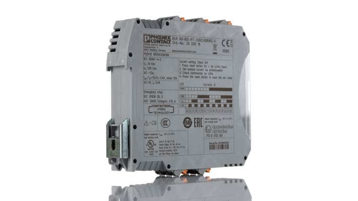 Starter motore Phoenix Contact 2903916, 3 fasi, 24 V c.c., montaggio su guida DIN, dimensioni 114 x 107,5 x 22,5 mm, grado di protezione IP20.