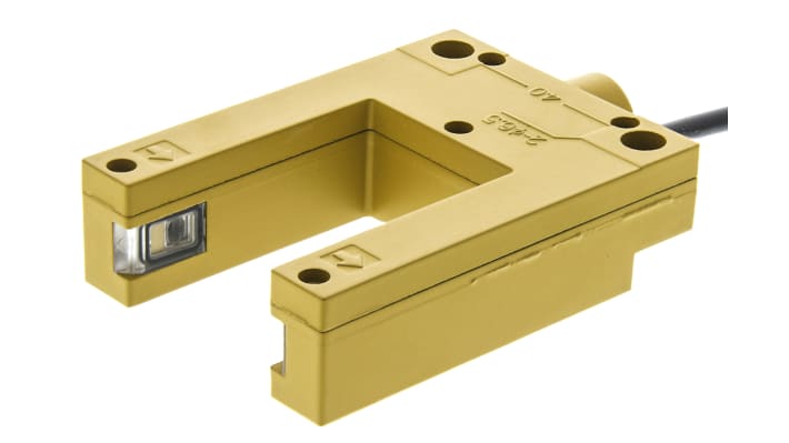Sensore fotoelettrico a forcella Omron E3SGS3E4, rilevamento 30 mm, uscita NPN, custodia metallica, IP67.