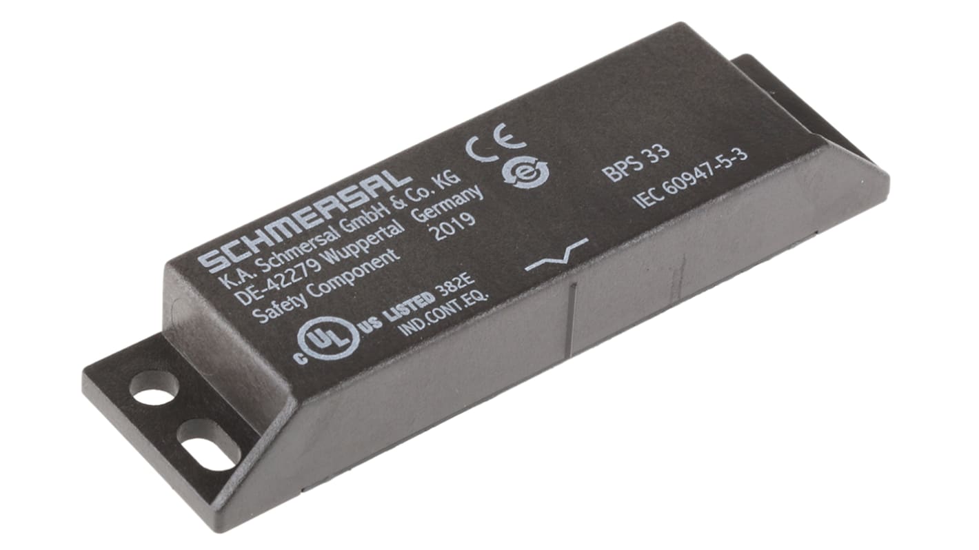 Attuatore magnetico Schmersal BPS 33, IP67, dimensioni 25 mm x 88 mm x 13 mm, tensione massima 120 V, montaggio sicuro con viti antimanomissione.