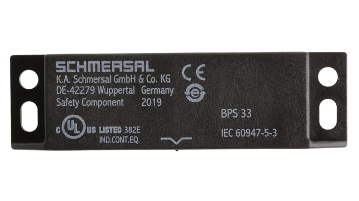 Attuatore magnetico Schmersal BPS 33, IP67, dimensioni 25 mm x 88 mm x 13 mm, tensione massima 120 V, montaggio sicuro con viti antimanomissione.