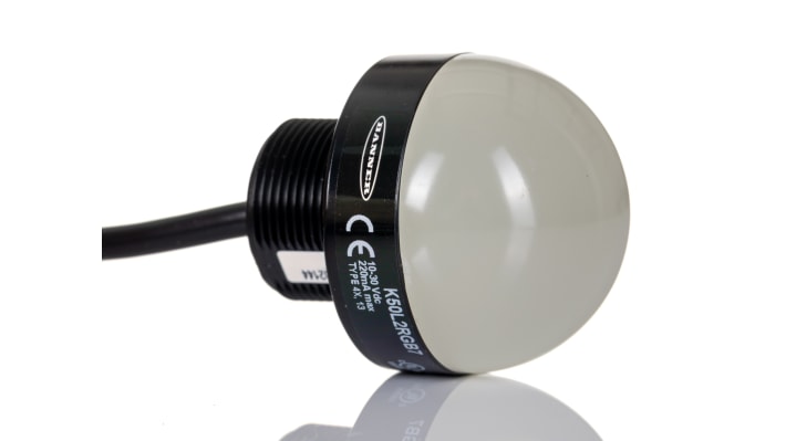 Segnalatore luminoso Banner K50L2RGB7, programmabile, tensione 10-30 V c.c., colori blu, verde, rosso, montaggio M30, grado di protezione IP66/IP67/IP69K.